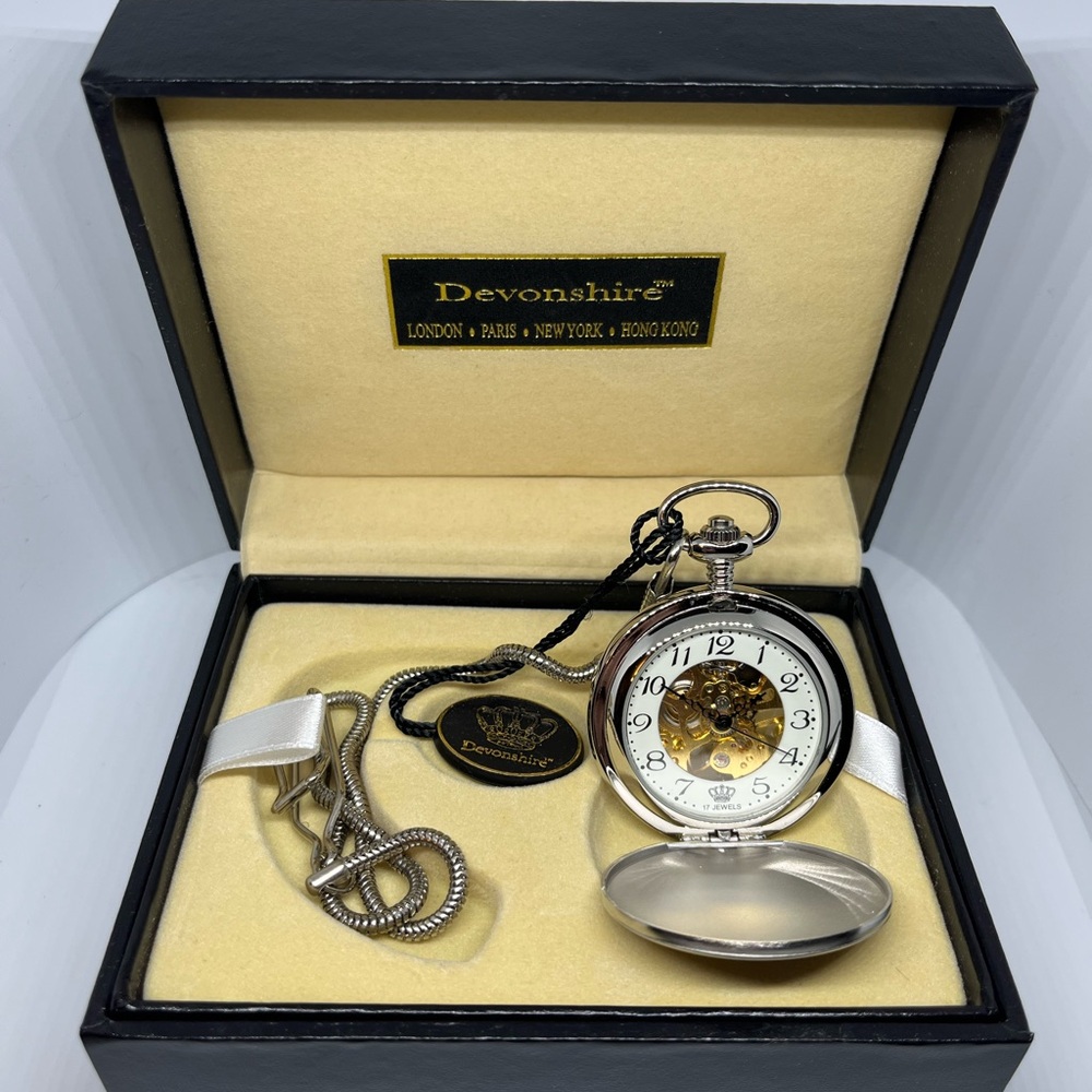 New in box Devonshire Pocket Watch, 17 Jewel Mechanical Skeleton Pocket Watch